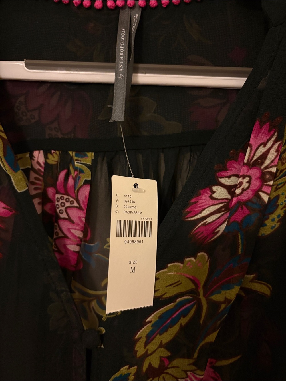 Anthropologie Black Sheer Blouse with Pink Floral Print - Picture 2 of 5